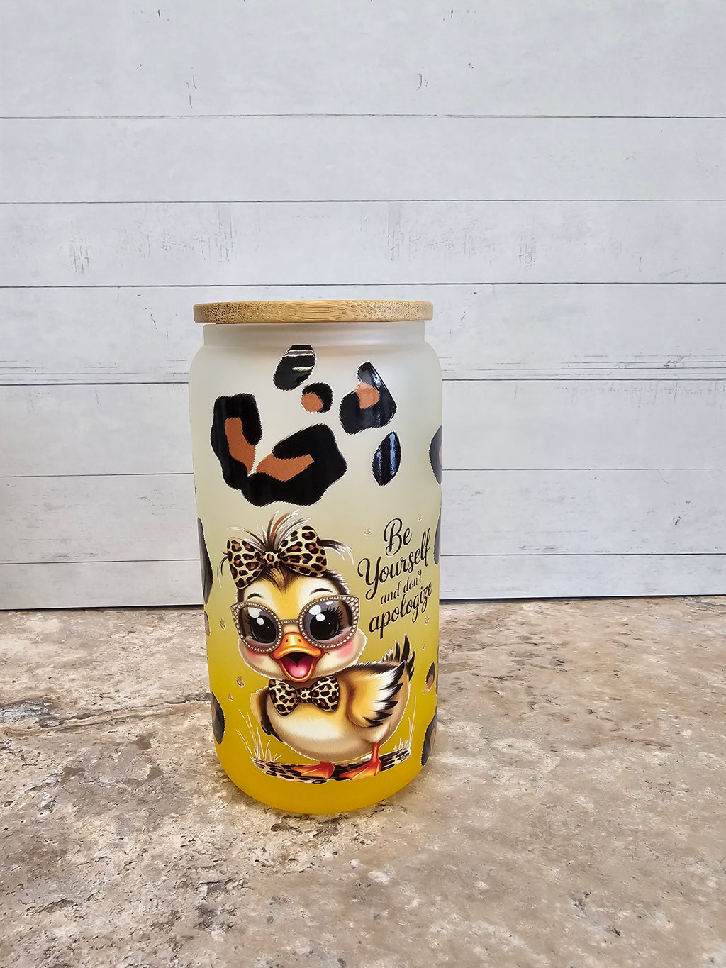 16oz Yellow Leopard Duck Glass Tumbler