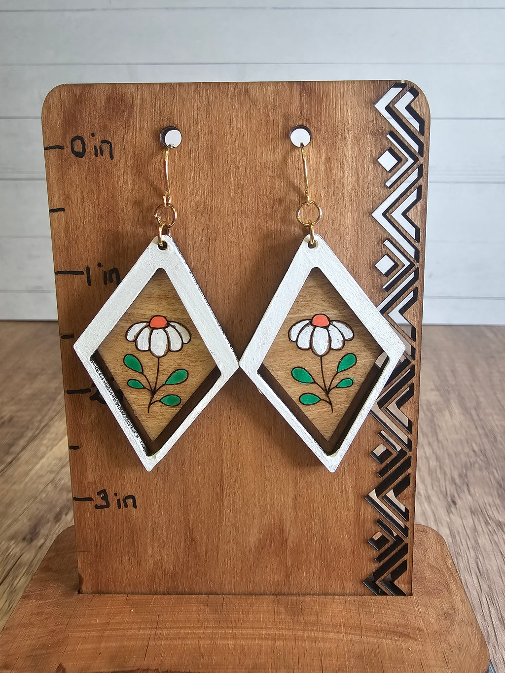Wooden Diamond Shaped Flower Earrings