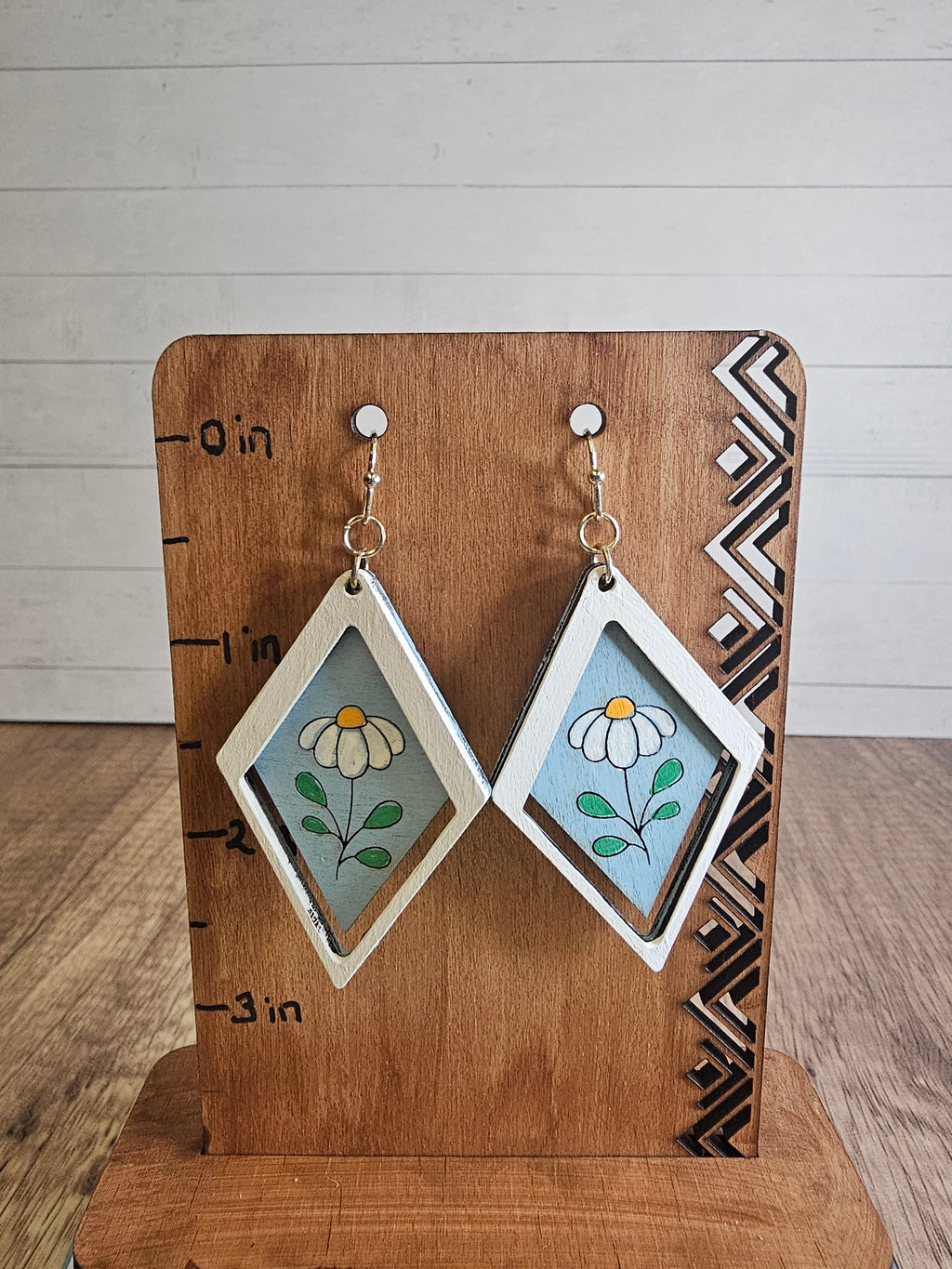 Wooden Diamond Shaped Flower Earrings