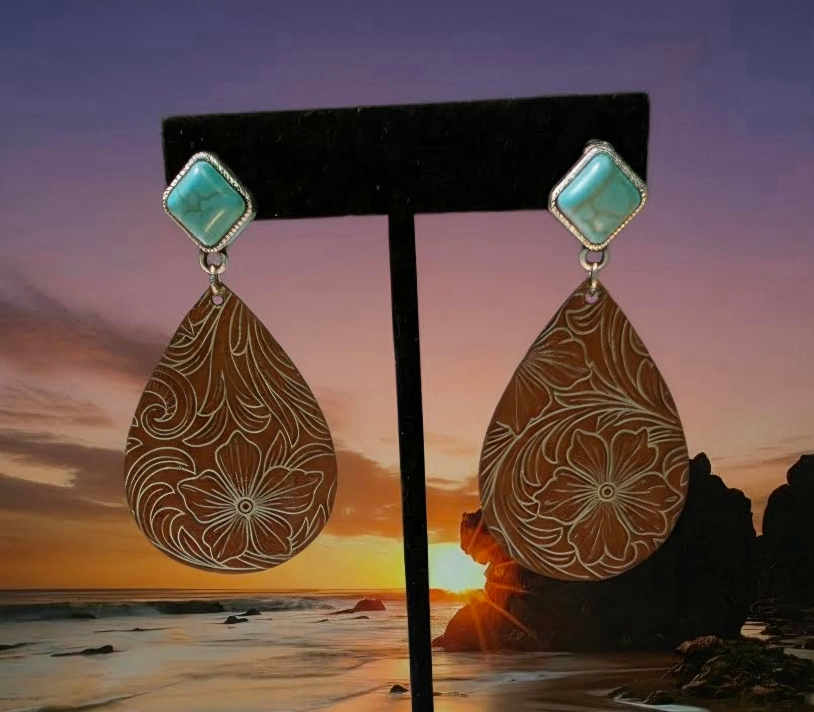 Laser Leather Dangle Earrings w/Turquoise Stud