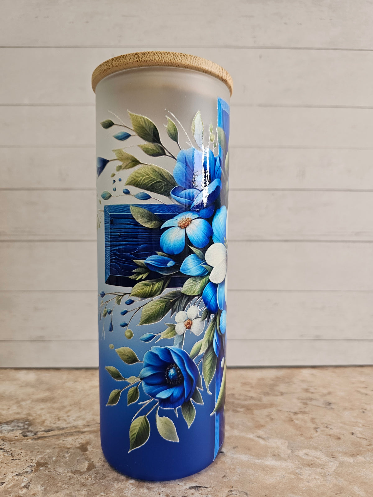 Blue Floral Cross Glass Tumbler