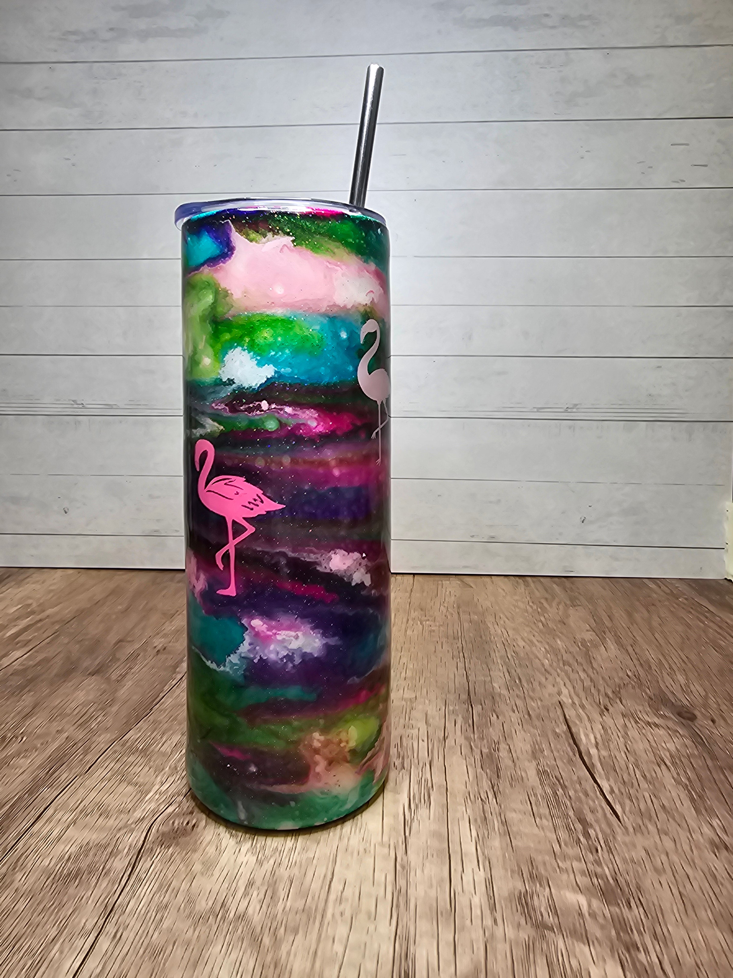 Flamingos Resin Art Skinny Tumbler