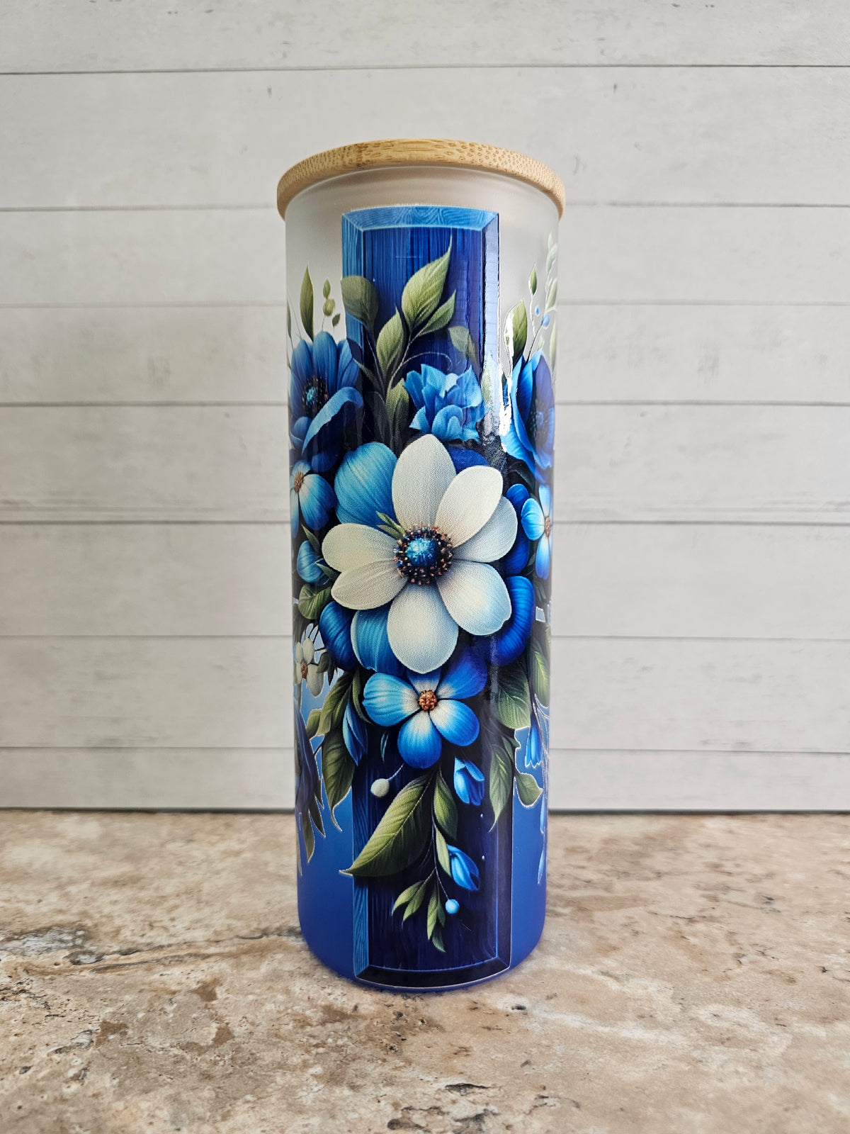 Blue Floral Cross Glass Tumbler