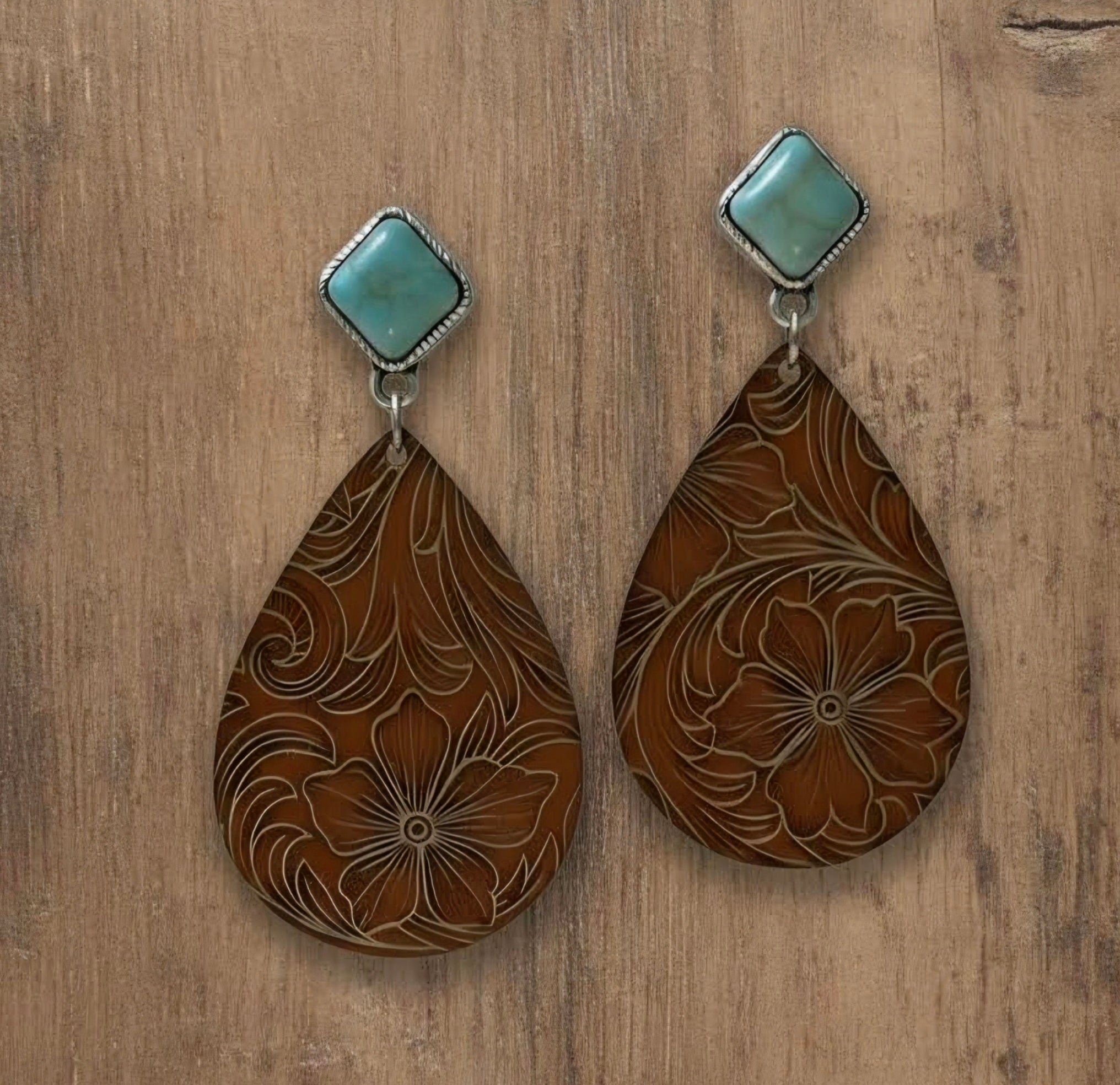 Laser Leather Dangle Earrings w/Turquoise Stud