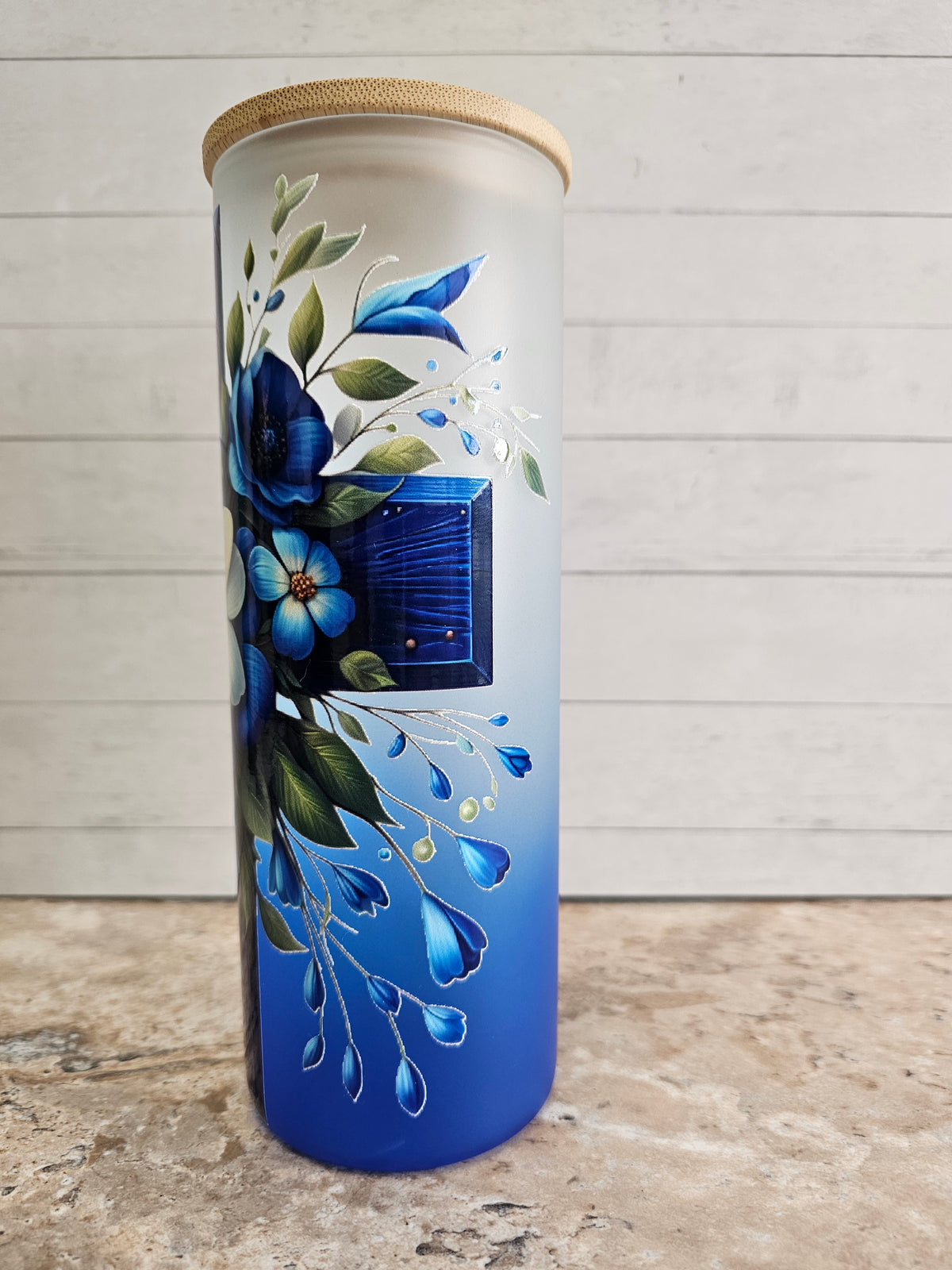 Blue Floral Cross Glass Tumbler