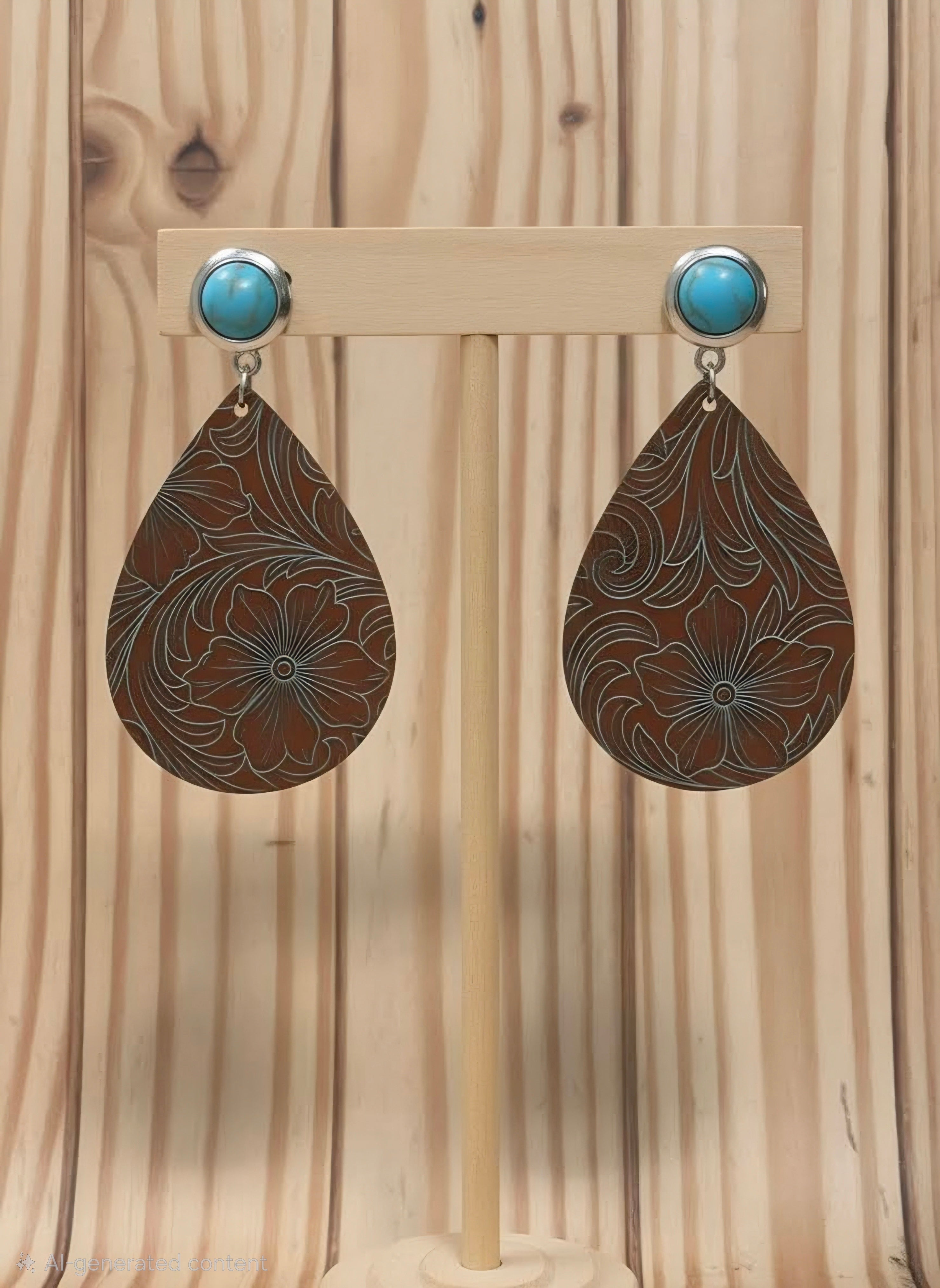 Laser Leather Dangle Earrings w/Turquoise Stud