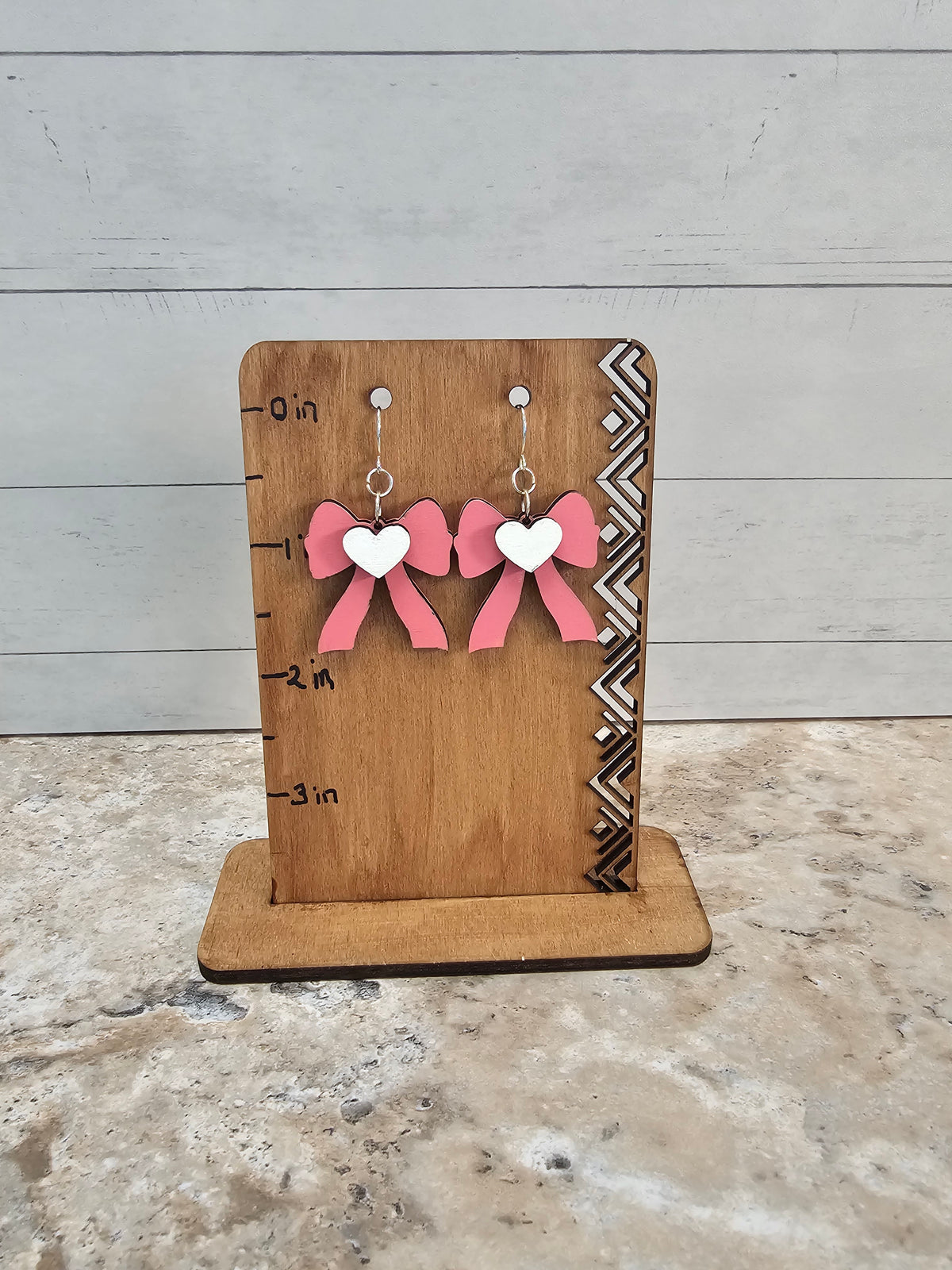 Wooden Bow with Heart Dangling Earrings